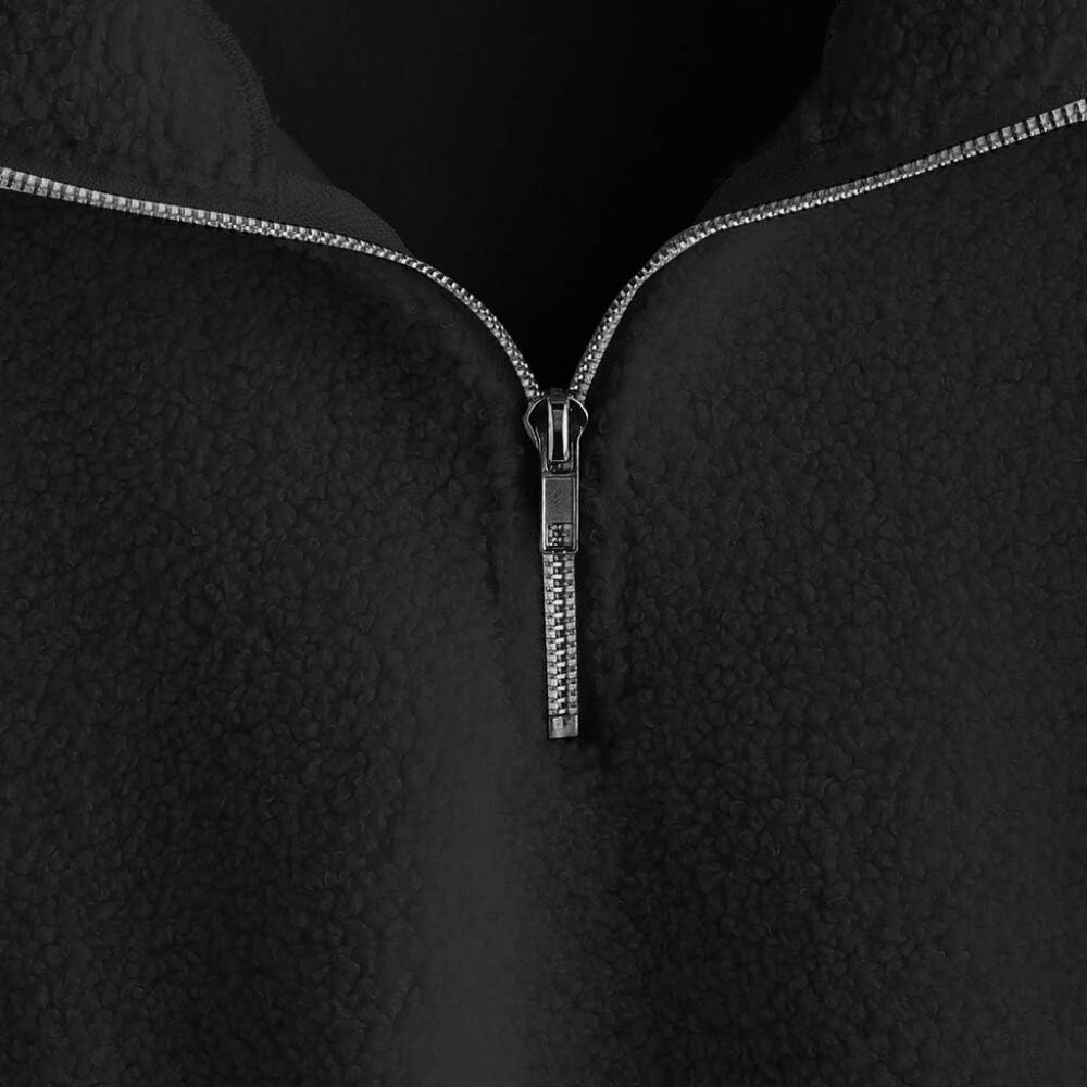 Women's Black long Sleeve Lapel Half Zip Plain Faux Fur Solid Sweatshirt - Picture 4 of 5